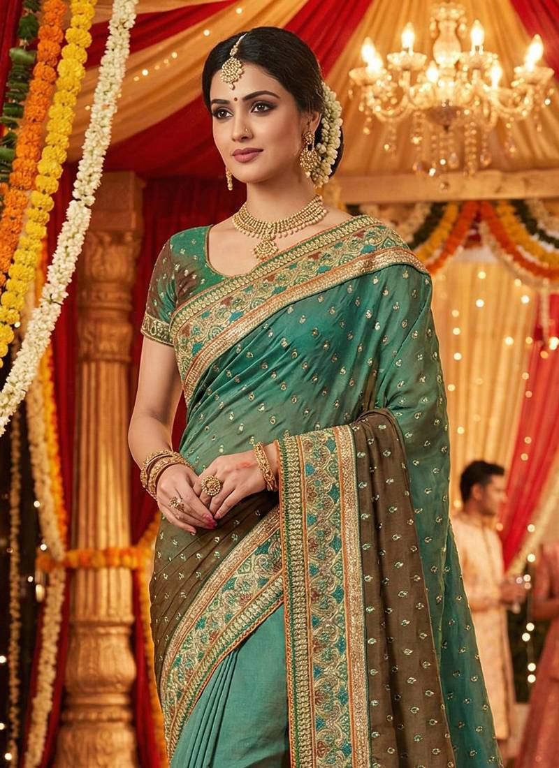 Pure sateen silk bridal wear saree in green with embroidery work & crystal stone work