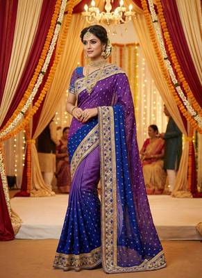 Pure sateen silk bridal wear saree in purple with embroidery work & crystal stone work 1