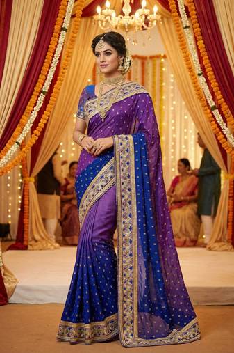 Pure sateen silk bridal wear saree in purple with embroidery work & crystal stone work