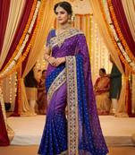 Pure sateen silk bridal wear saree in purple with embroidery work & crystal stone work