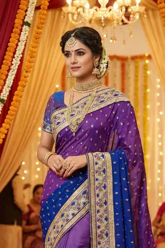 Pure sateen silk bridal wear saree in purple with embroidery work & crystal stone work