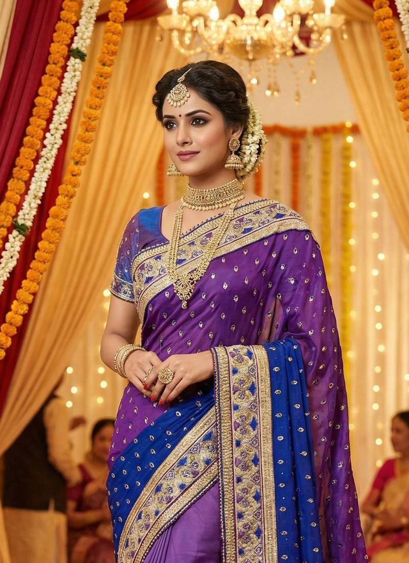 Pure sateen silk bridal wear saree in purple with embroidery work & crystal stone work