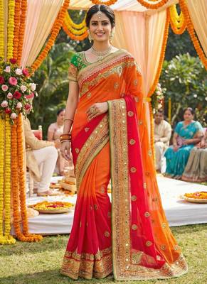 Pure georgette wedding wear saree in red & orange with embroidery work & crystal stone work 1