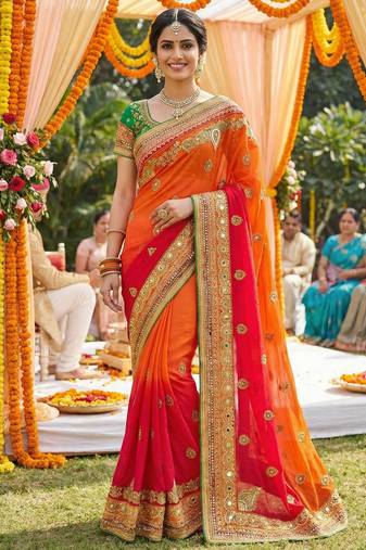 Pure georgette wedding wear saree in red & orange with embroidery work & crystal stone work