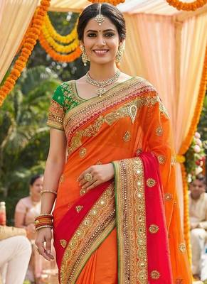 Pure georgette wedding wear saree in red & orange with embroidery work & crystal stone work 2