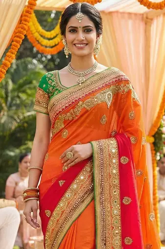 Pure georgette wedding wear saree in red & orange with embroidery work & crystal stone work