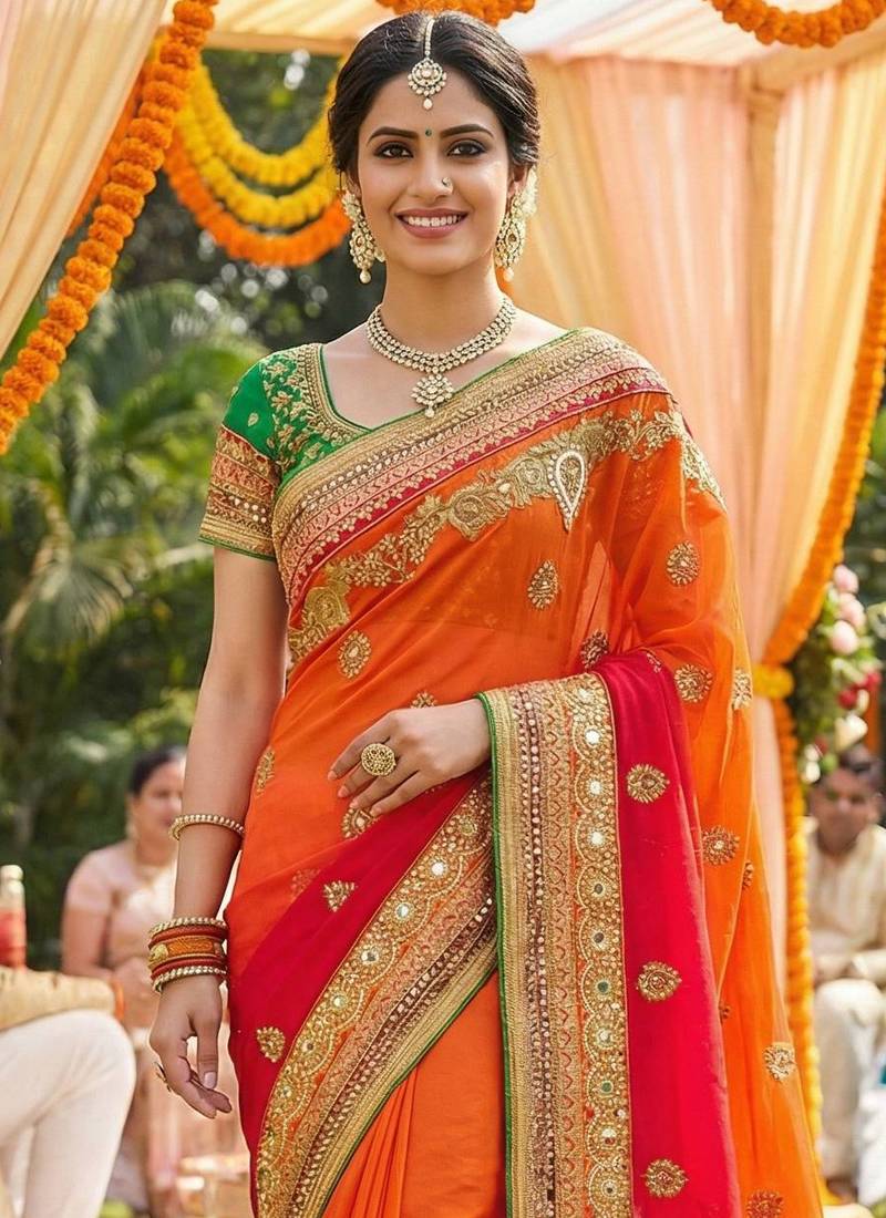 Pure georgette wedding wear saree in red & orange with embroidery work & crystal stone work