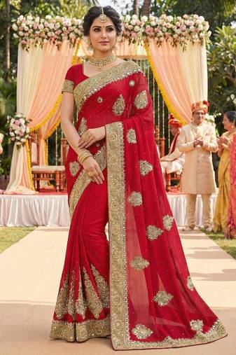 Georgette wedding wear saree in red with embroidery & crystals stone work