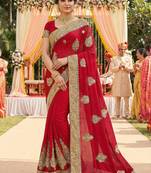 Georgette wedding wear saree in red with embroidery & crystals stone work