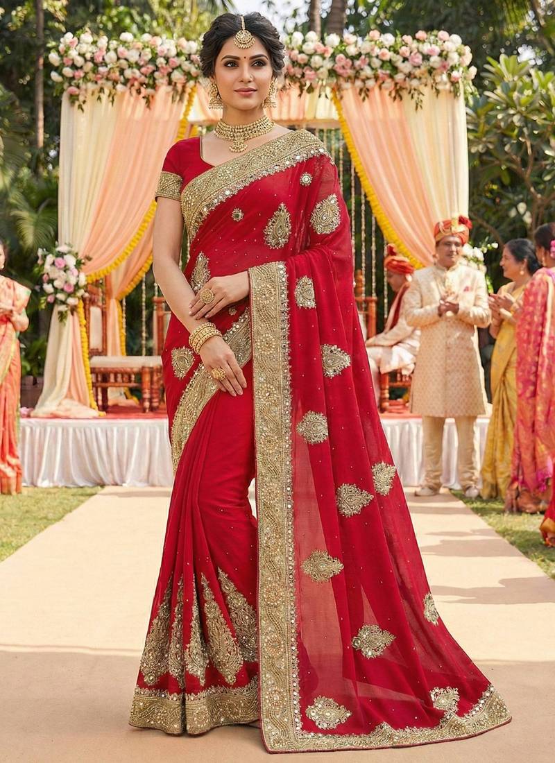 Georgette wedding wear saree in red with embroidery & crystals stone work