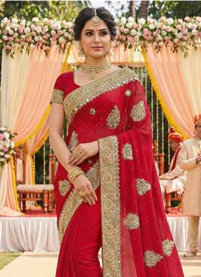 Georgette wedding wear saree in red with embroidery & crystals stone work 2