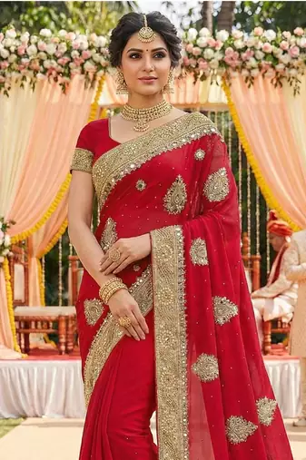 Georgette wedding wear saree in red with embroidery & crystals stone work