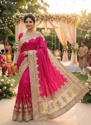 Model silk wedding wear saree in pink with embroidery work & crystal stone work 1