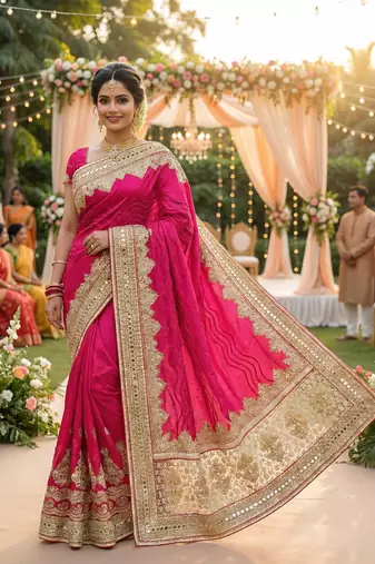 Model silk wedding wear saree in pink with embroidery work & crystal stone work