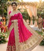 Model silk wedding wear saree in pink with embroidery work & crystal stone work