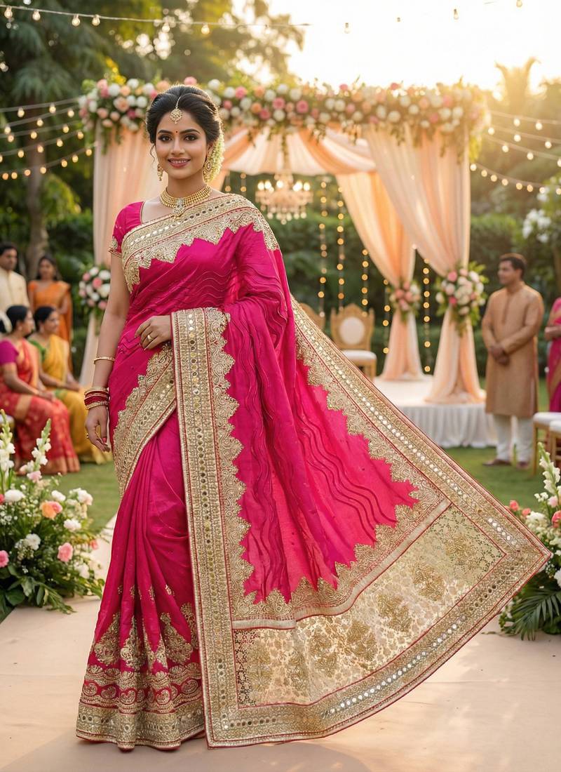 Model silk wedding wear saree in pink with embroidery work & crystal stone work