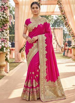 Model silk wedding wear saree in pink with embroidery work & crystal stone work 2