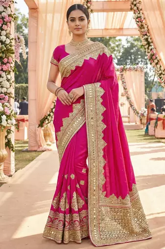 Model silk wedding wear saree in pink with embroidery work & crystal stone work