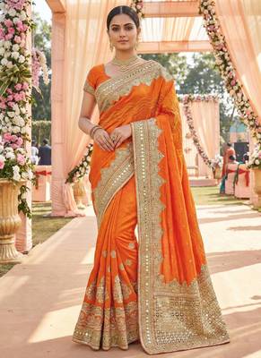 Model silk wedding wear saree in orange with embroidery work & crystal stone work 1