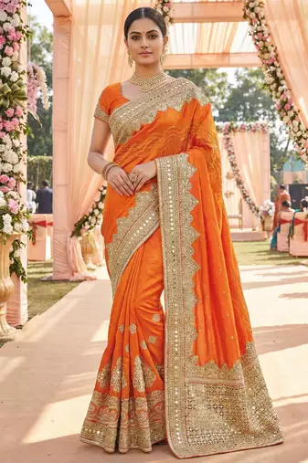 Model silk wedding wear saree in orange with embroidery work & crystal stone work