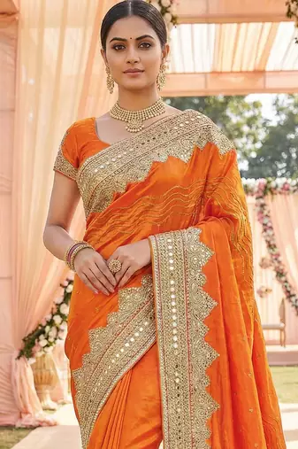 Model silk wedding wear saree in orange with embroidery work & crystal stone work