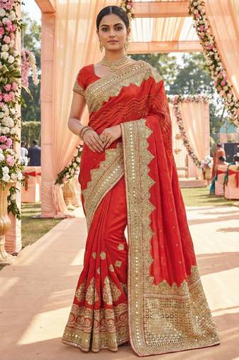 Model silk wedding wear saree in red with embroidery work & crystal stone work