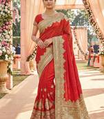 Model silk wedding wear saree in red with embroidery work & crystal stone work