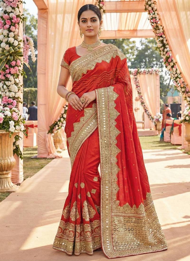 Model silk wedding wear saree in red with embroidery work & crystal stone work