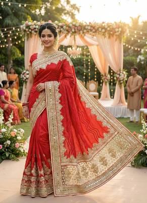 Model silk wedding wear saree in red with embroidery work & crystal stone work 2