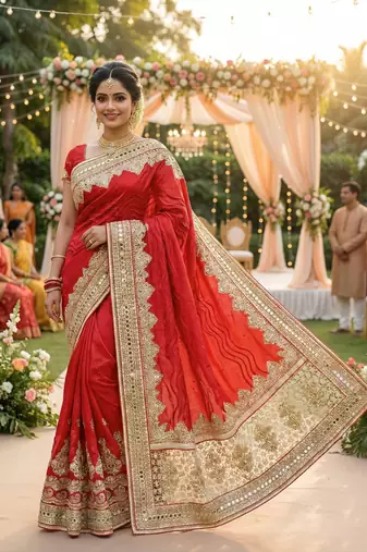 Model silk wedding wear saree in red with embroidery work & crystal stone work