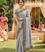 Metallic silk party wear saree in grey with embroidery work & crystal stone work