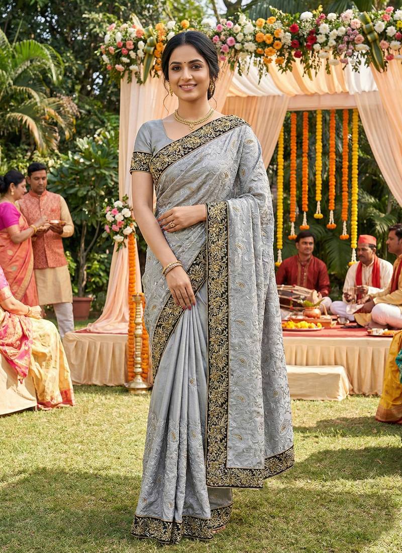 Metallic silk party wear saree in grey with embroidery work & crystal stone work