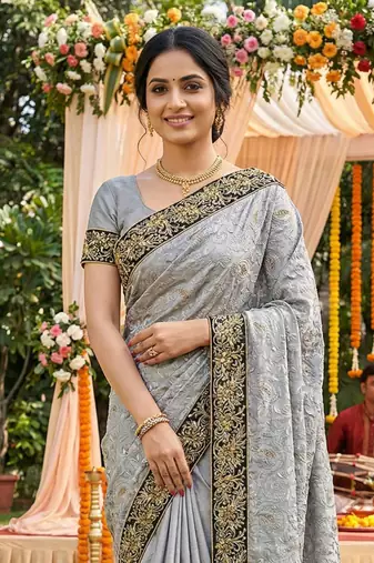 Metallic silk party wear saree in grey with embroidery work & crystal stone work