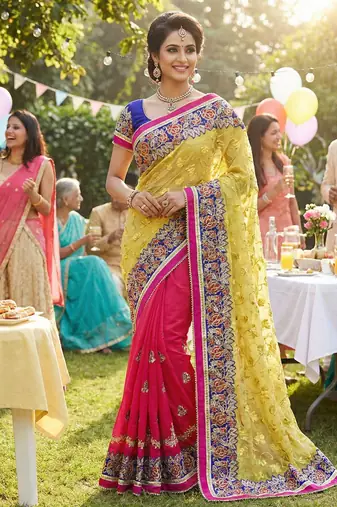Pure chiffon silk party wear saree in yellow & pink with embroidery & crystal stone work