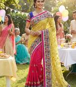 Pure chiffon silk party wear saree in yellow & pink with embroidery & crystal stone work