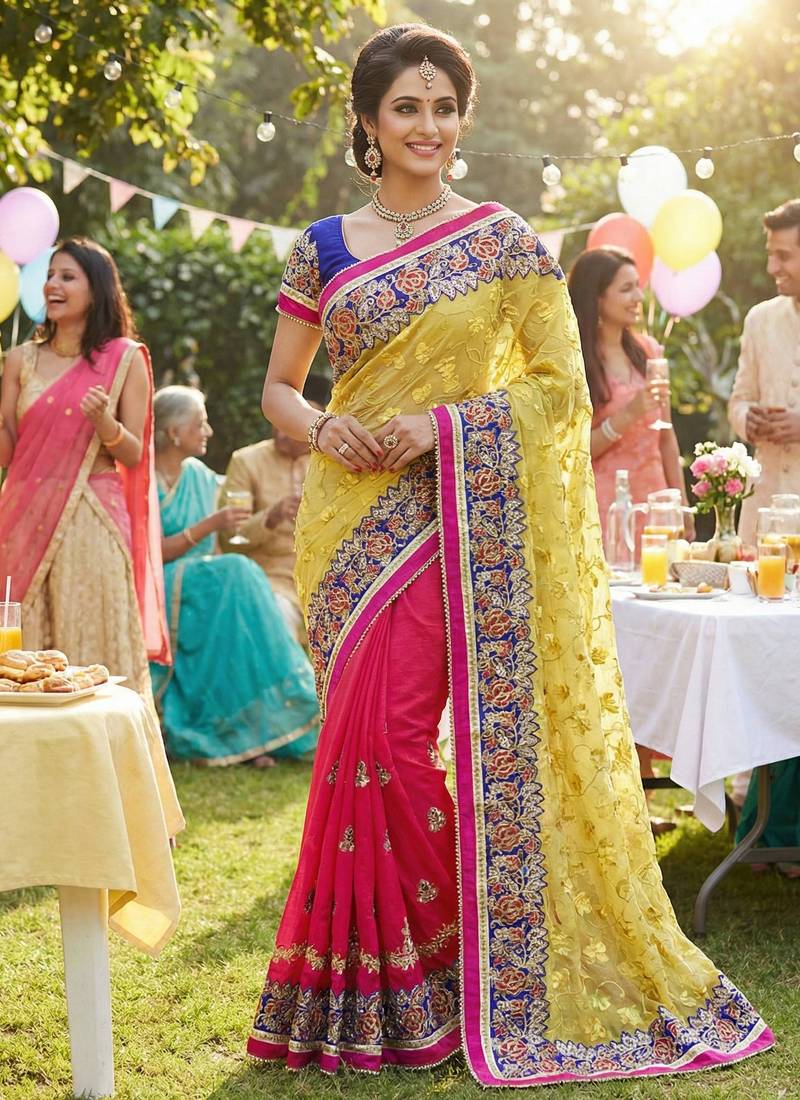 Pure chiffon silk party wear saree in yellow & pink with embroidery & crystal stone work
