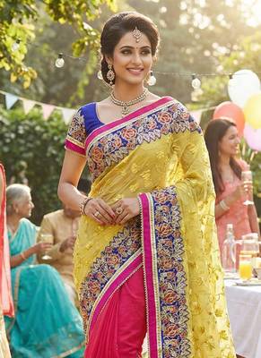 Pure chiffon silk party wear saree in yellow & pink with embroidery & crystal stone work 2