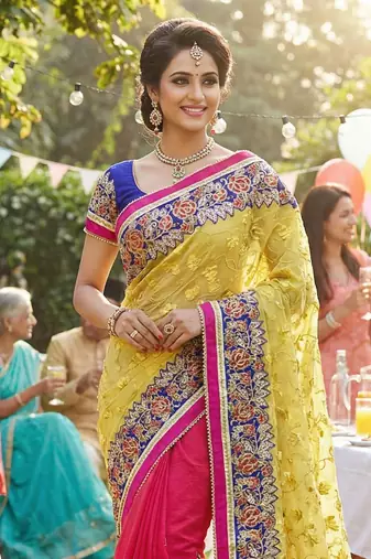Pure chiffon silk party wear saree in yellow & pink with embroidery & crystal stone work