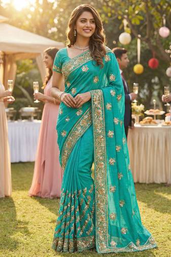 Slub chiffon wedding wear saree in turquoise with embroidery work & crystal stone work