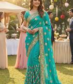 Slub chiffon wedding wear saree in turquoise with embroidery work & crystal stone work