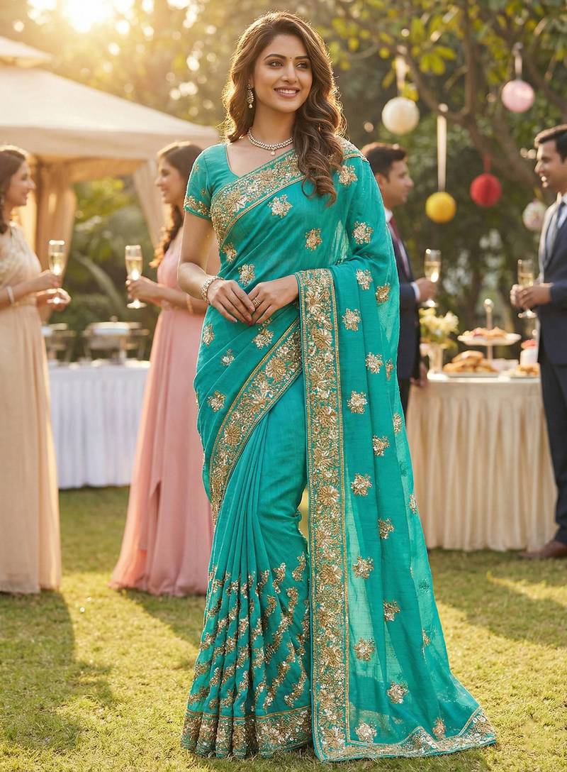 Slub chiffon wedding wear saree in turquoise with embroidery work & crystal stone work