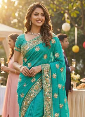 Slub chiffon wedding wear saree in turquoise with embroidery work & crystal stone work 2