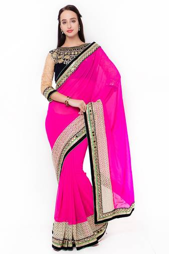 Pure georgette party wear saree in pink with embroidery work