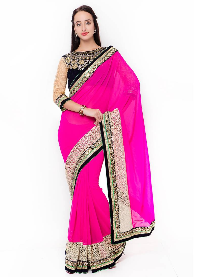 Pure georgette party wear saree in pink with embroidery work