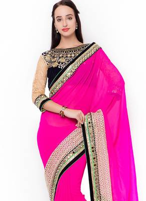 Pure georgette party wear saree in pink with embroidery work 2