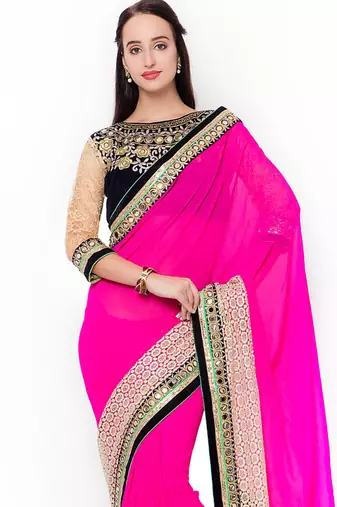 Pure georgette party wear saree in pink with embroidery work