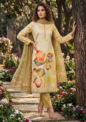 golden digital print rayon cotton suit set with organza dupatta 1