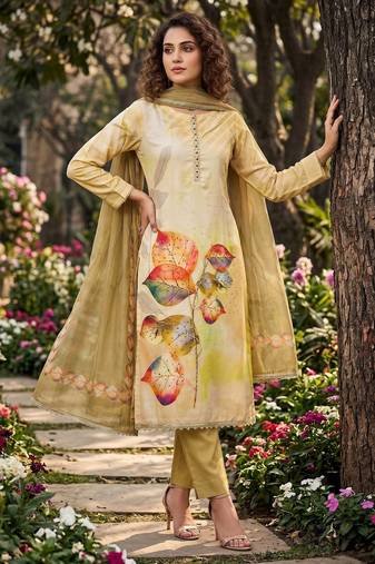 golden digital print rayon cotton suit set with organza dupatta