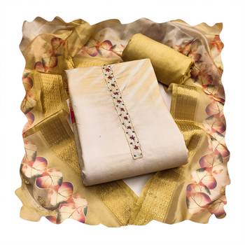 golden digital print rayon cotton suit set with organza dupatta 2