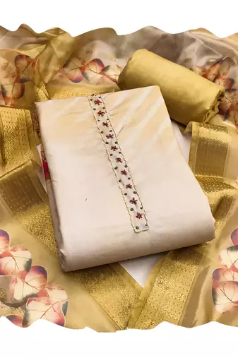 golden digital print rayon cotton suit set with organza dupatta